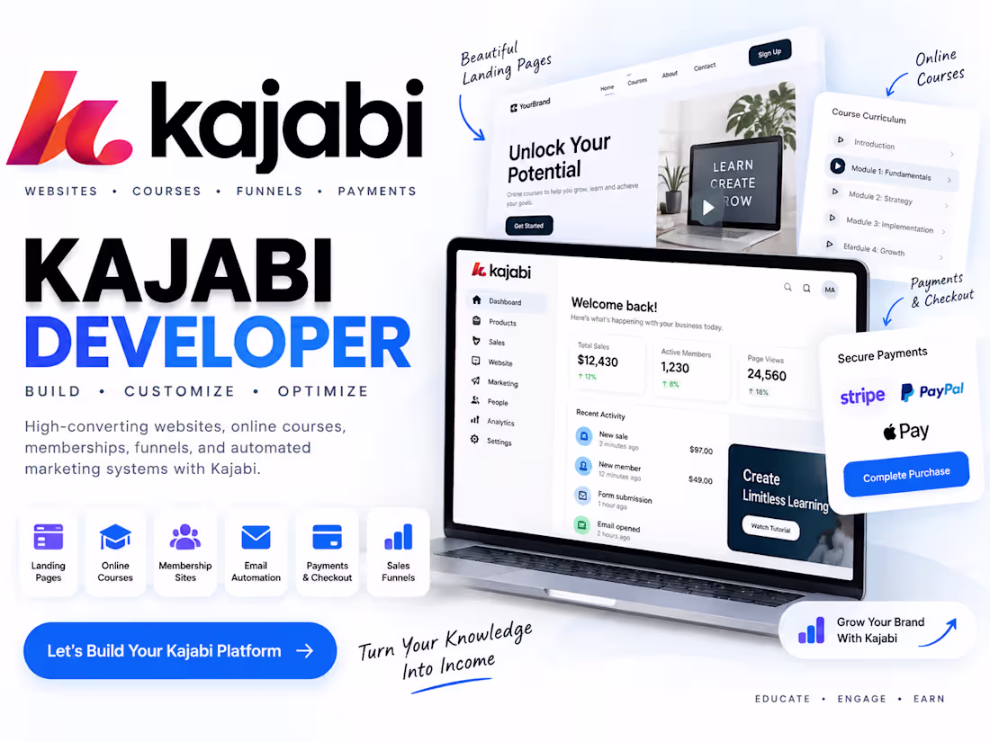 Cover image for Kajabi Developer | Websites, Courses, Funnels & Automations