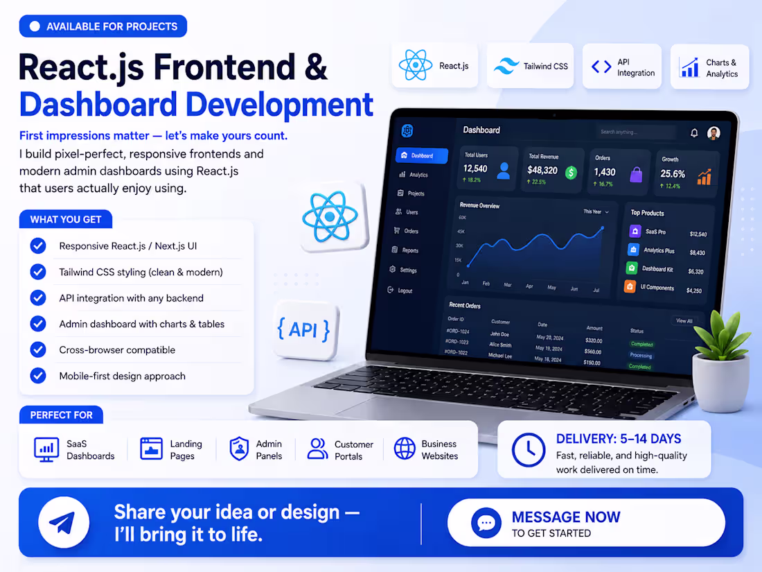 Cover image for React.js Frontend & Dashboard Development