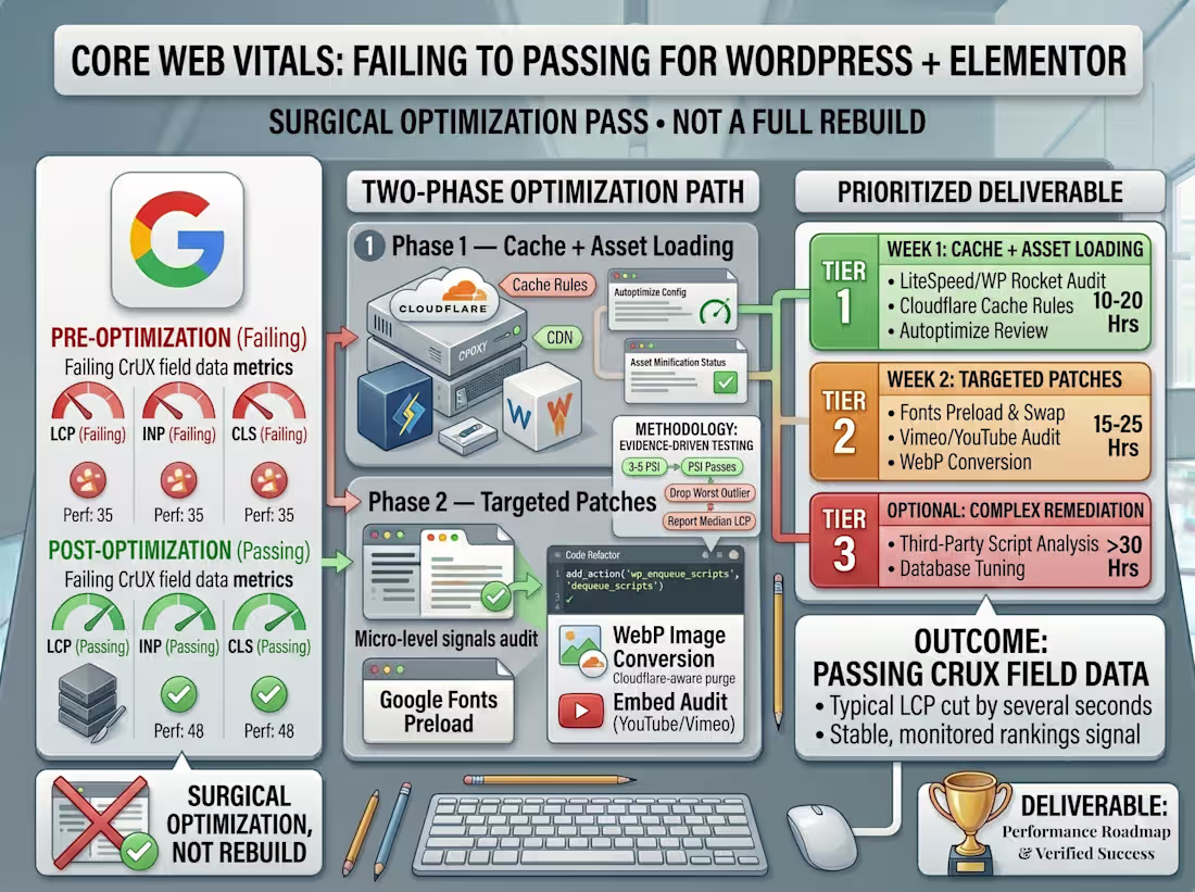 Cover image for Core Web Vitals Turnaround — WordPress + Elementor