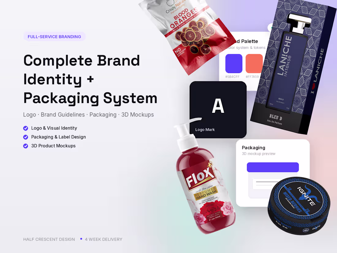 Cover image for Complete Brand Identity + Packaging System with 3D Mockups