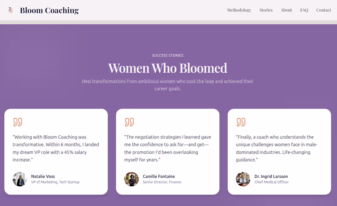 Cover image for Bloom Coaching is a landing page for career coaching tailore...
