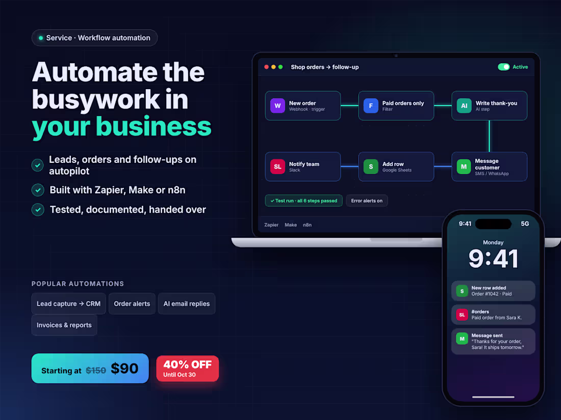 Cover image for Workflow Automation with Zapier, Make or n8n | 40% OFF