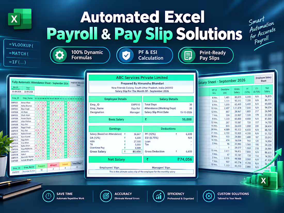Cover image for Automated Excel Payroll, Salary Sheet & Pay Slip Solutions