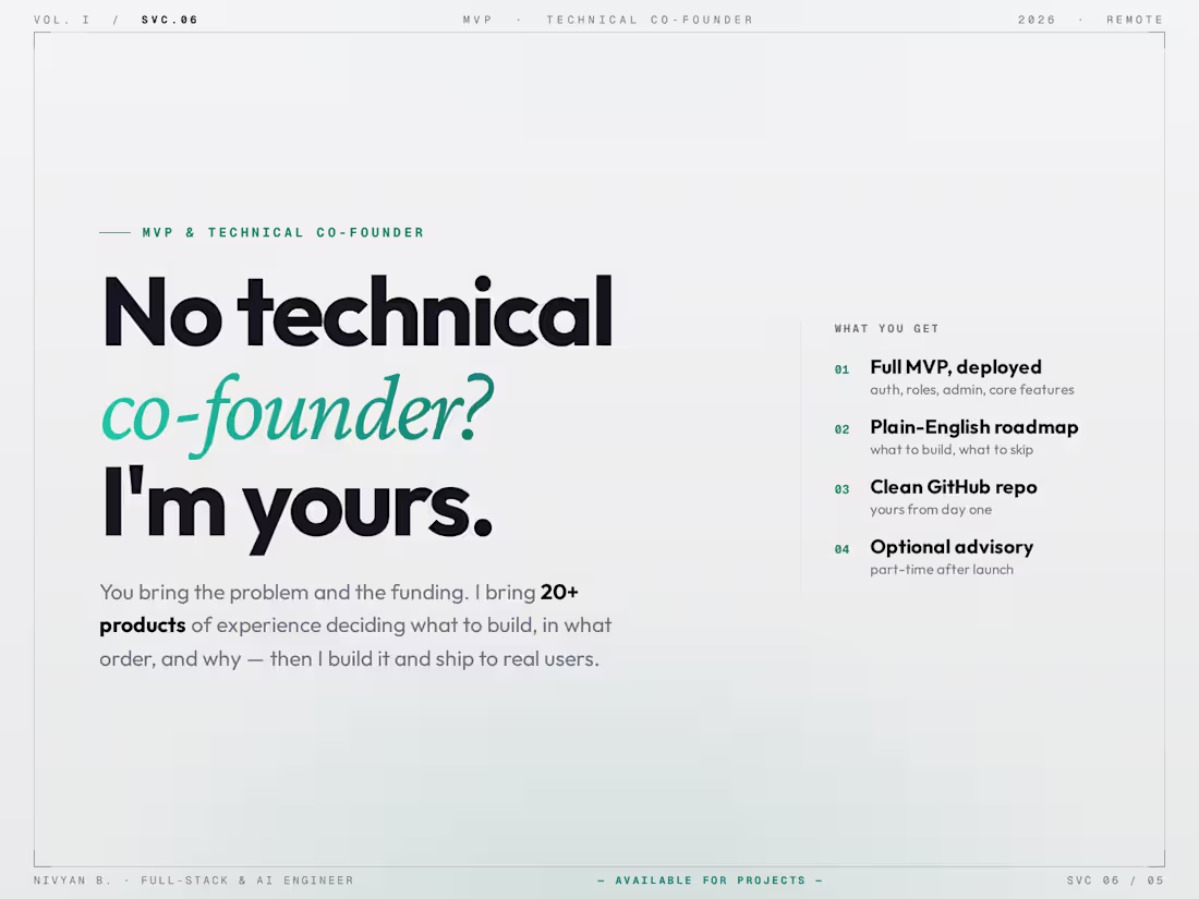Cover image for MVP Build and Technical Co-Founder for Hire