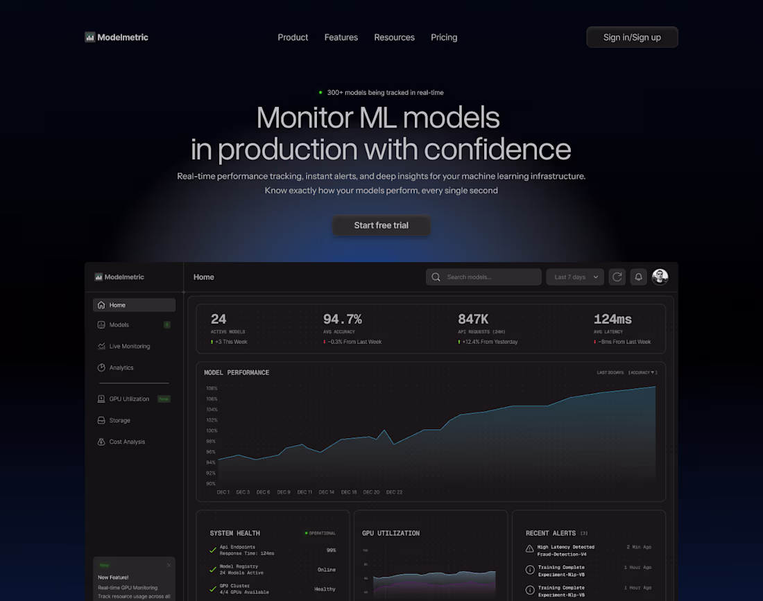 Cover image for Hero section for a real-time ML monitoring platform.