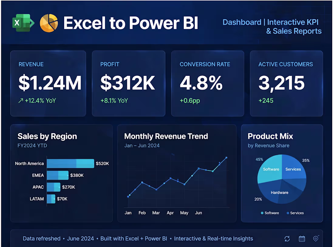 Cover image for I will convert Excel to Interactive Power BI Dashboard | KPI & B