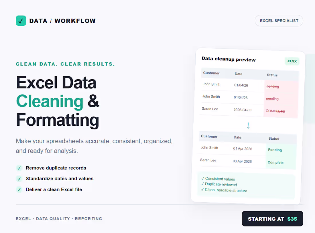 Cover image for Excel Data Cleaning & Formatting | Remove Duplicates, Fix Errors