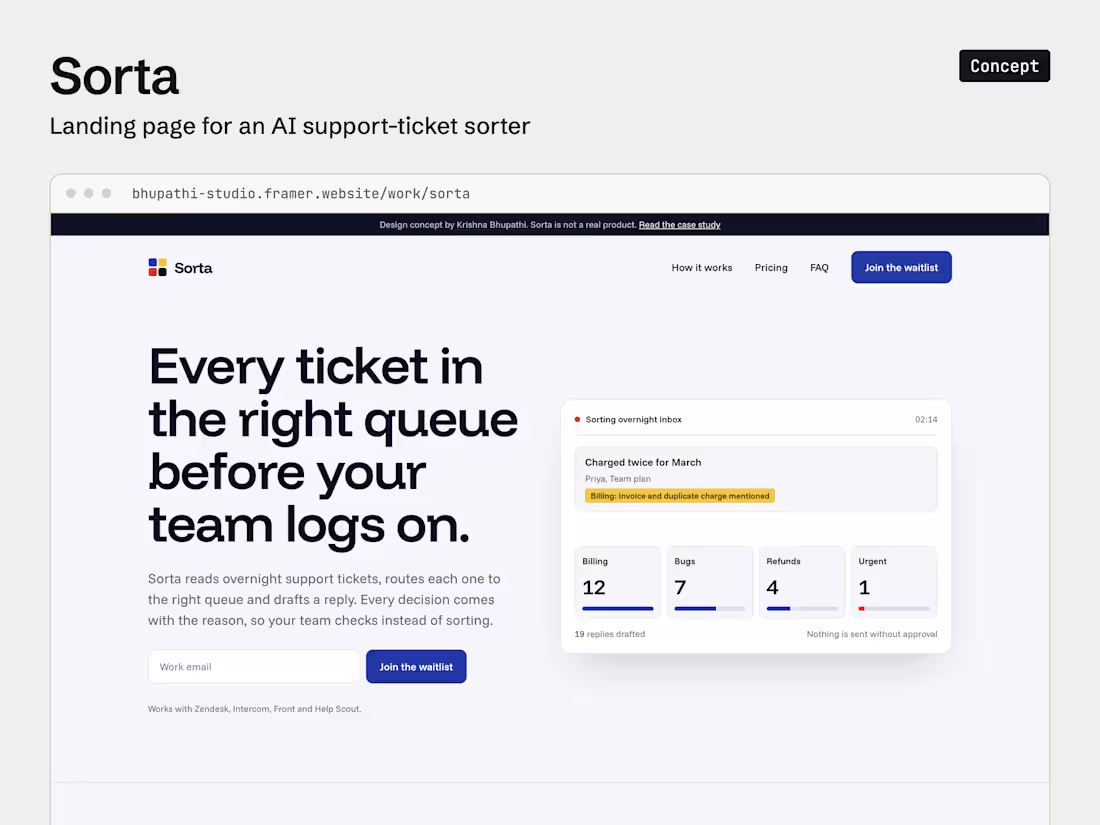 Cover image for Sorta (concept): Framer landing page for an AI ticket sorter