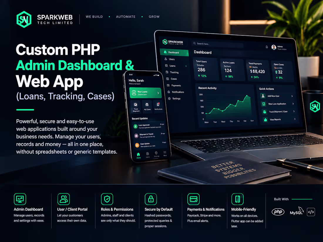 Cover image for Custom PHP Admin Dashboard & Web App (Loans, Tracking, Cases)