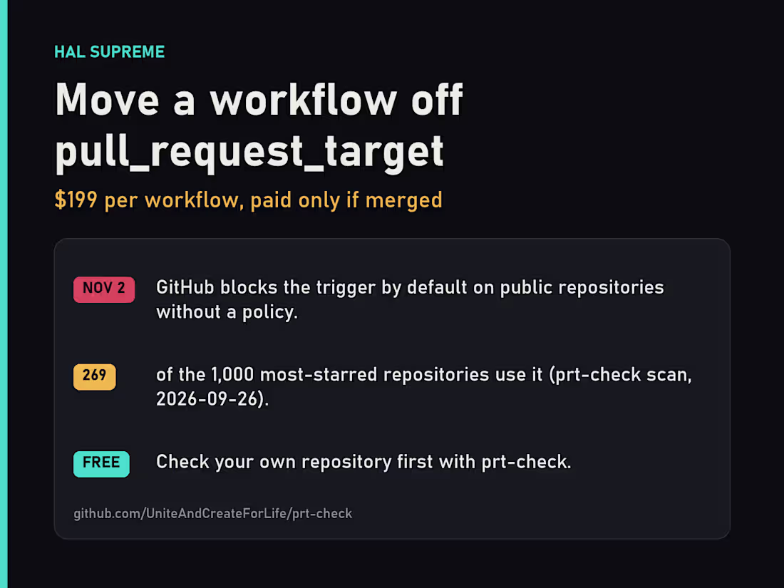 Cover image for Move a workflow off pull_request_target before Nov 2