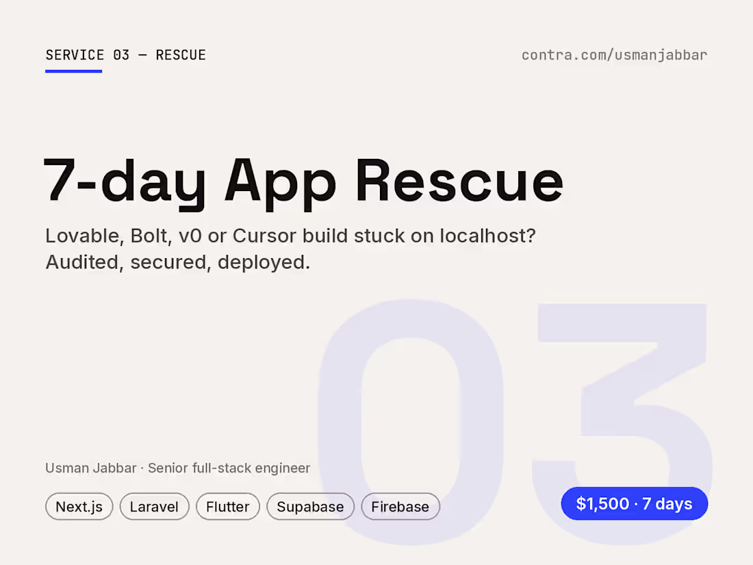 Cover image for 7-day App Rescue: fix your AI-built or stalled codebase