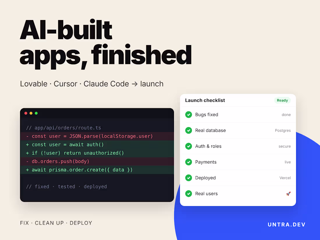 Cover image for Fix & Finish Your AI-Built App (Lovable, Cursor, Claude Code)
