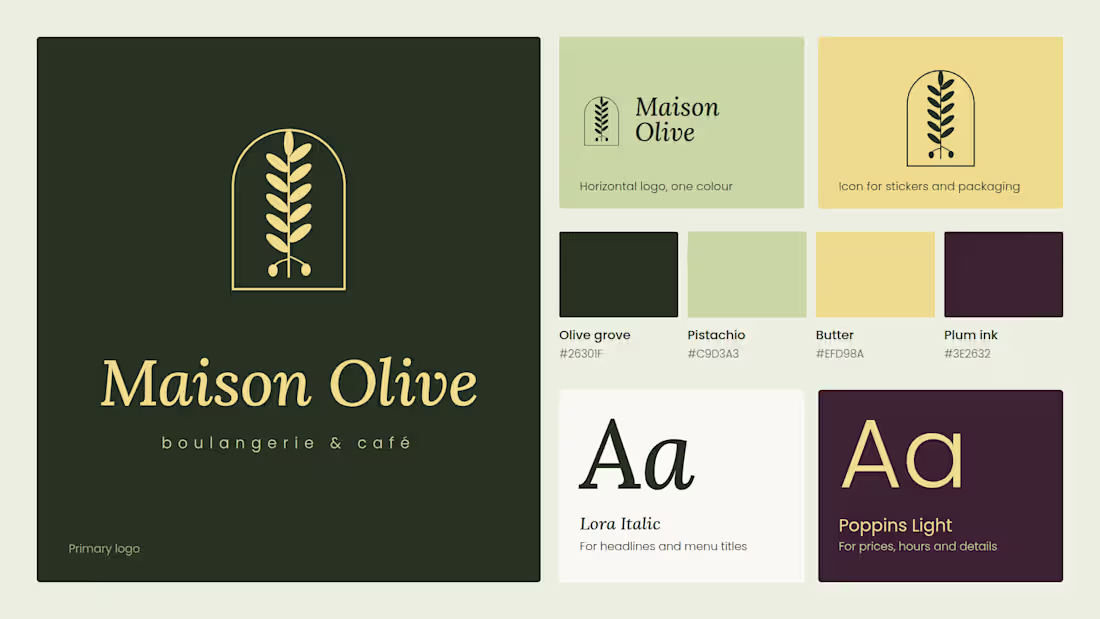 Cover image for Maison Olive (16:9): bakery-café brand board with logo, colo...