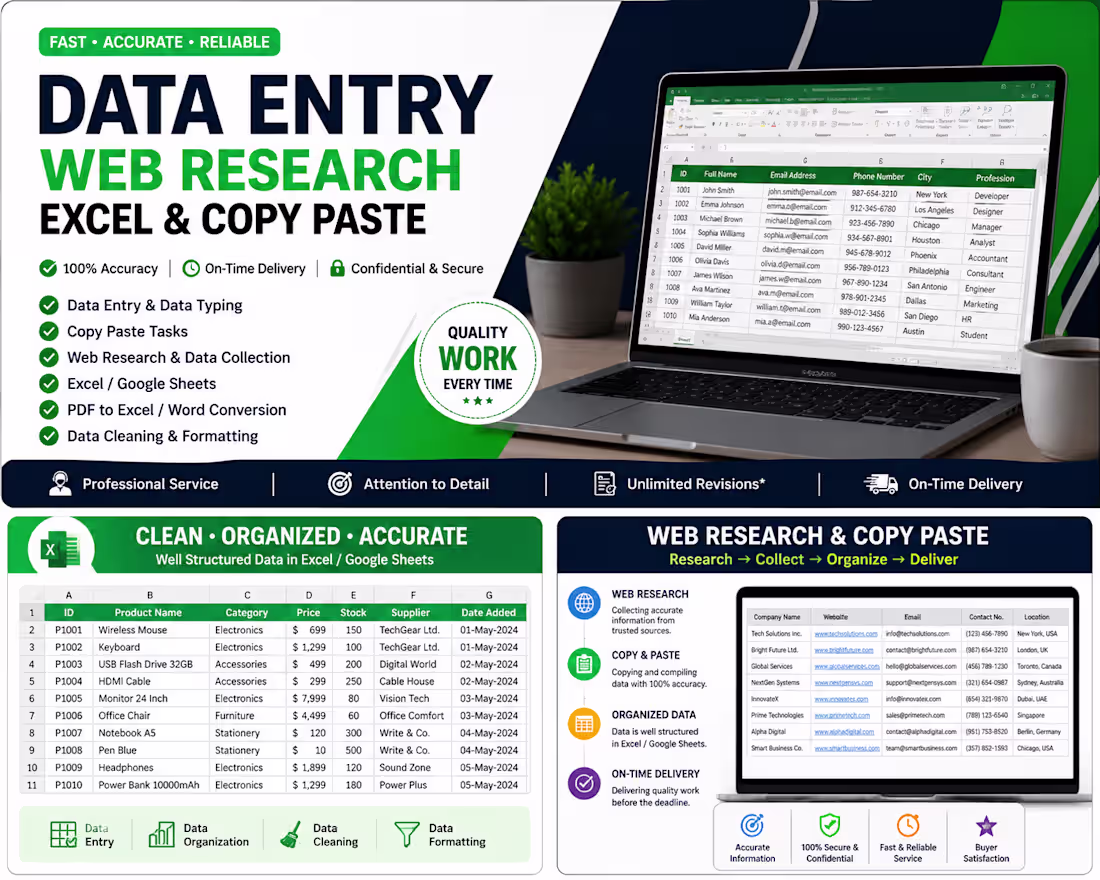 Cover image for Data Entry, Web Research & Excel Data Management