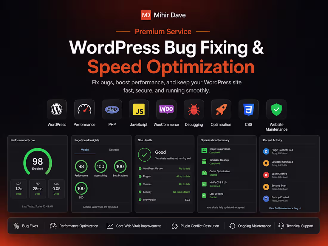 Cover image for WordPress Bug Fixing, Speed Optimization & Maintenance