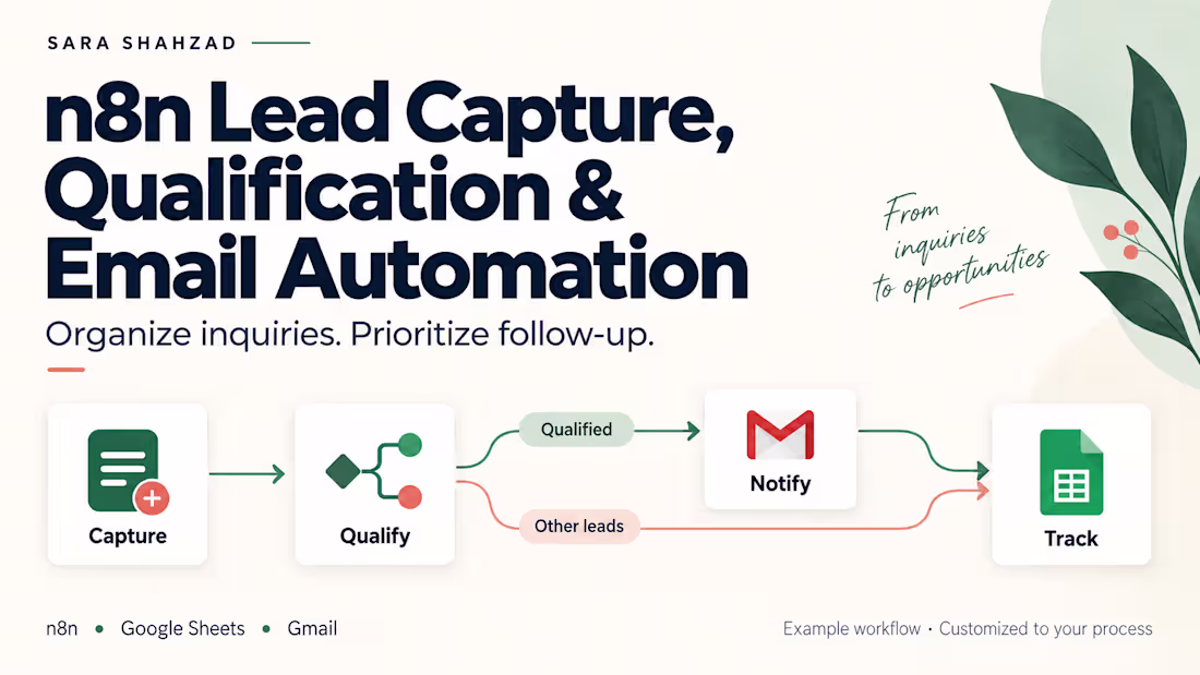 Cover image for n8n Lead Capture, Qualification & Email Automation