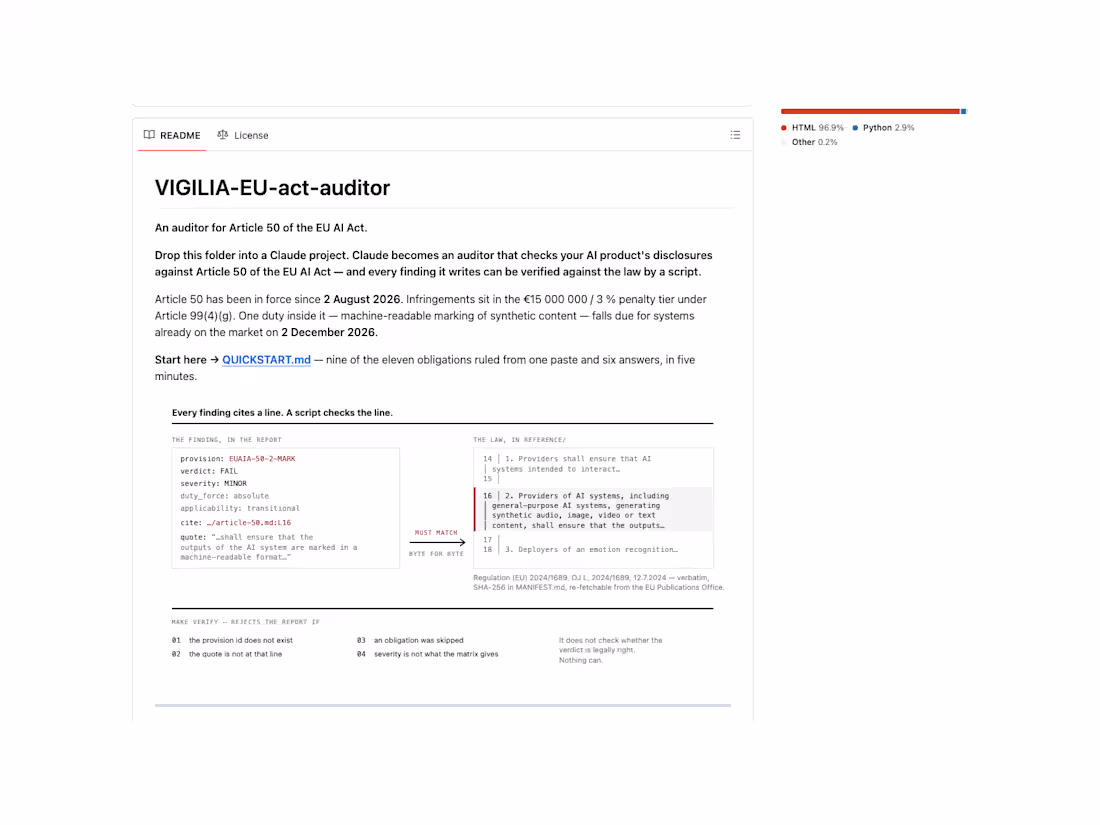 Cover image for EU AI Act Article 50 auditor — open source, citation-verified
