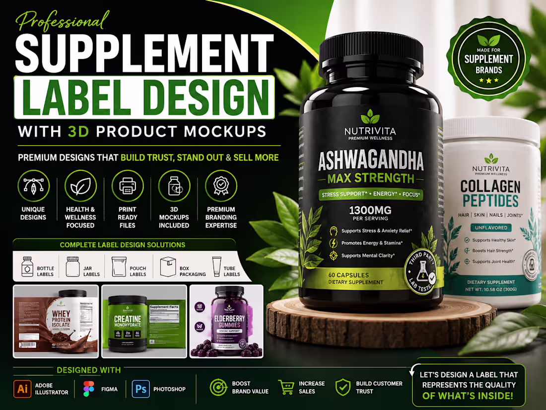 Cover image for Professional Supplement Label Design with 3D Product Mockups
