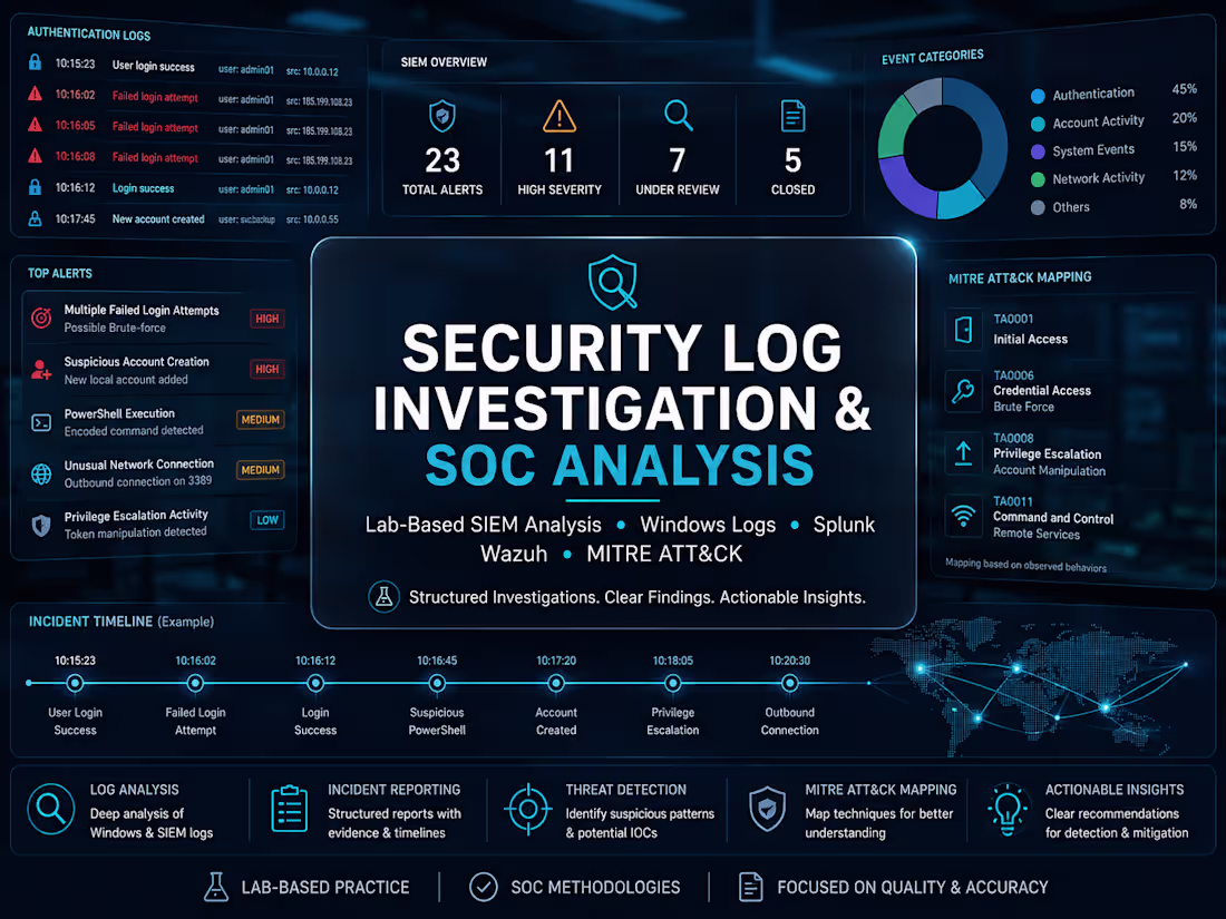 Cover image for SIEM Log Investigation | Splunk · Wazuh · MITRE ATT&CK