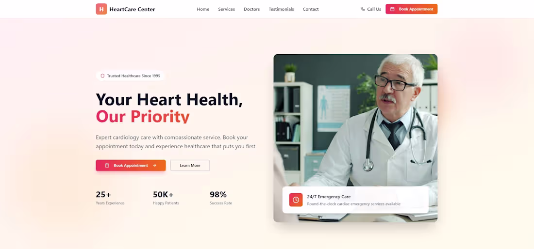 Cover image for HeartCare Centre is a clean and responsive healthcare landin...