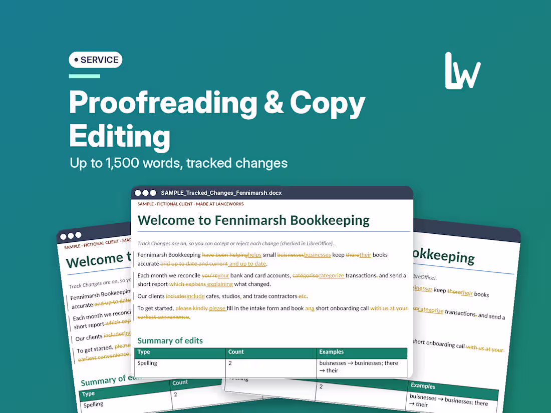 Cover image for Proofreading & Copy Editing | Business Docs, Tracked Changes