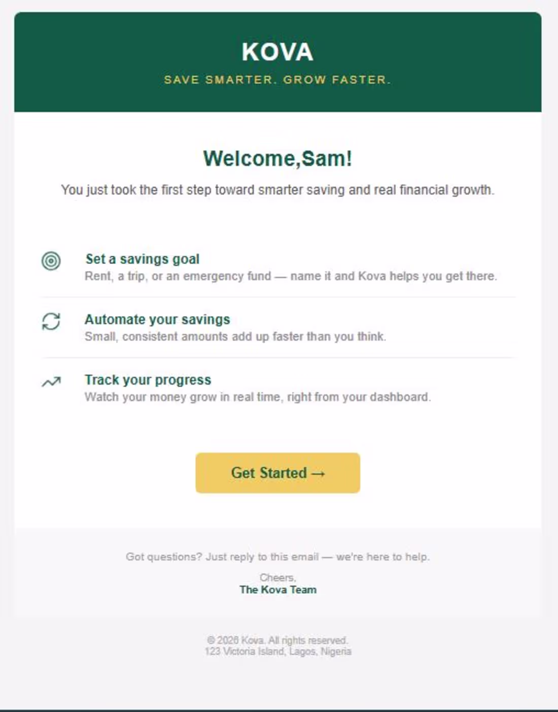 Cover image for Kova Welcome Email (Fintech)
Brief: Build