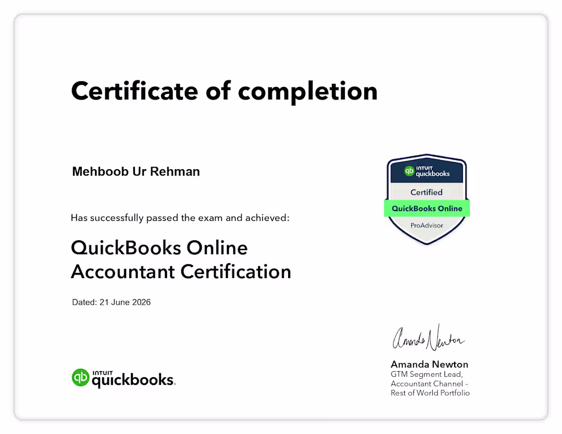Cover image for Intuit QuickBooks Certified ProAdvisor
Officially certified