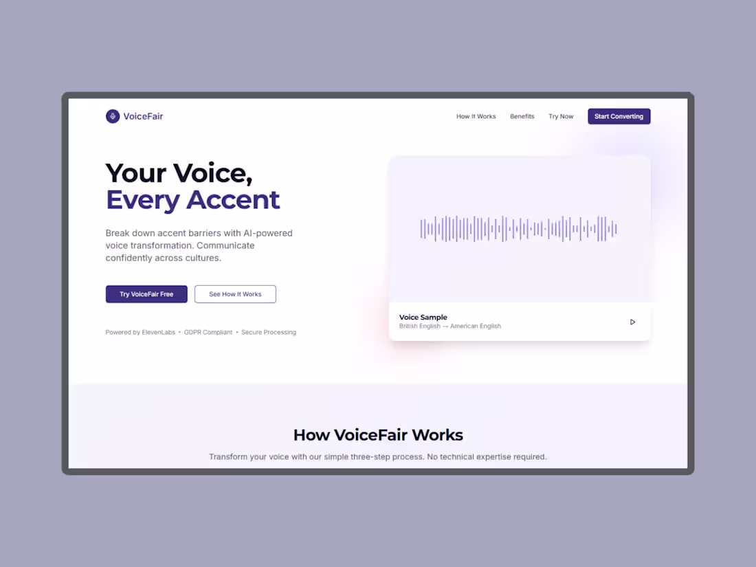 Cover image for VoiceFair – Voice Transformation App (🏆Hackathon Winner)