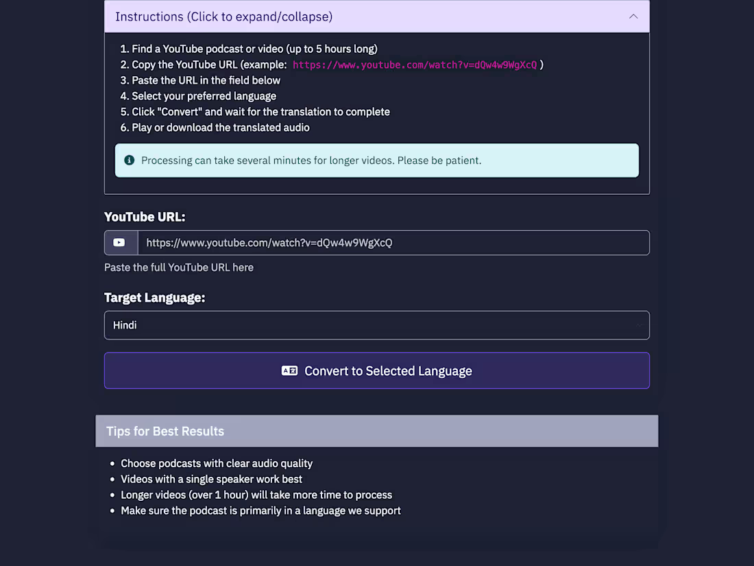 Cover image for YouTube Podcast Translator — language access without platfor...