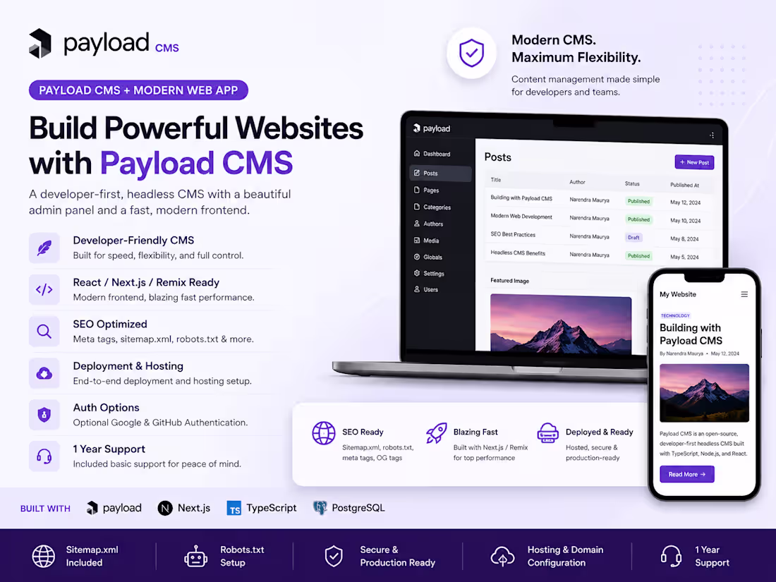 Cover image for Payload CMS + React / Next.js / Remix Website, Blog & SEO Setup