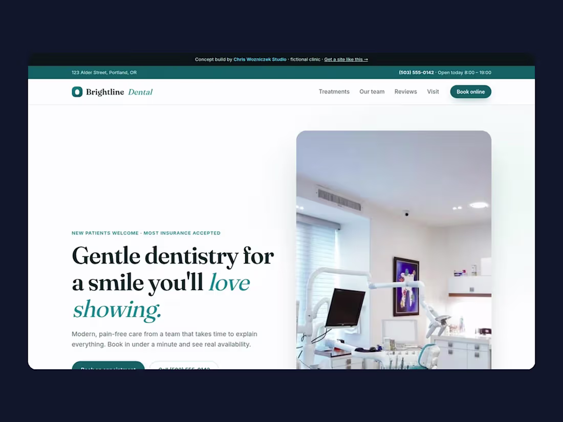 Cover image for Brightline Dental: dental clinic website (example build)