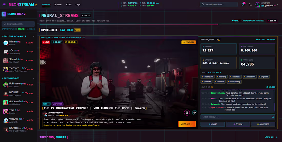 Cover image for Cyberpunk Twitch Clone – Gaming-Focused Streaming Experience