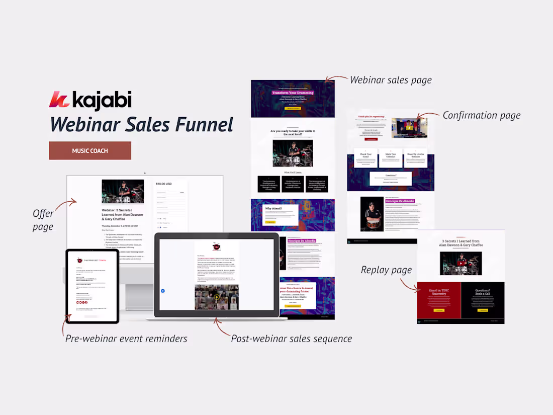 Cover image for Custom Kajabi Webinar Sales Funnel for Drum School