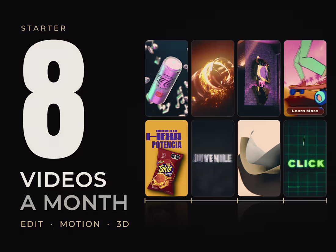Cover image for Monthly Video Editing, Motion & 3D for Brands: 8 Videos