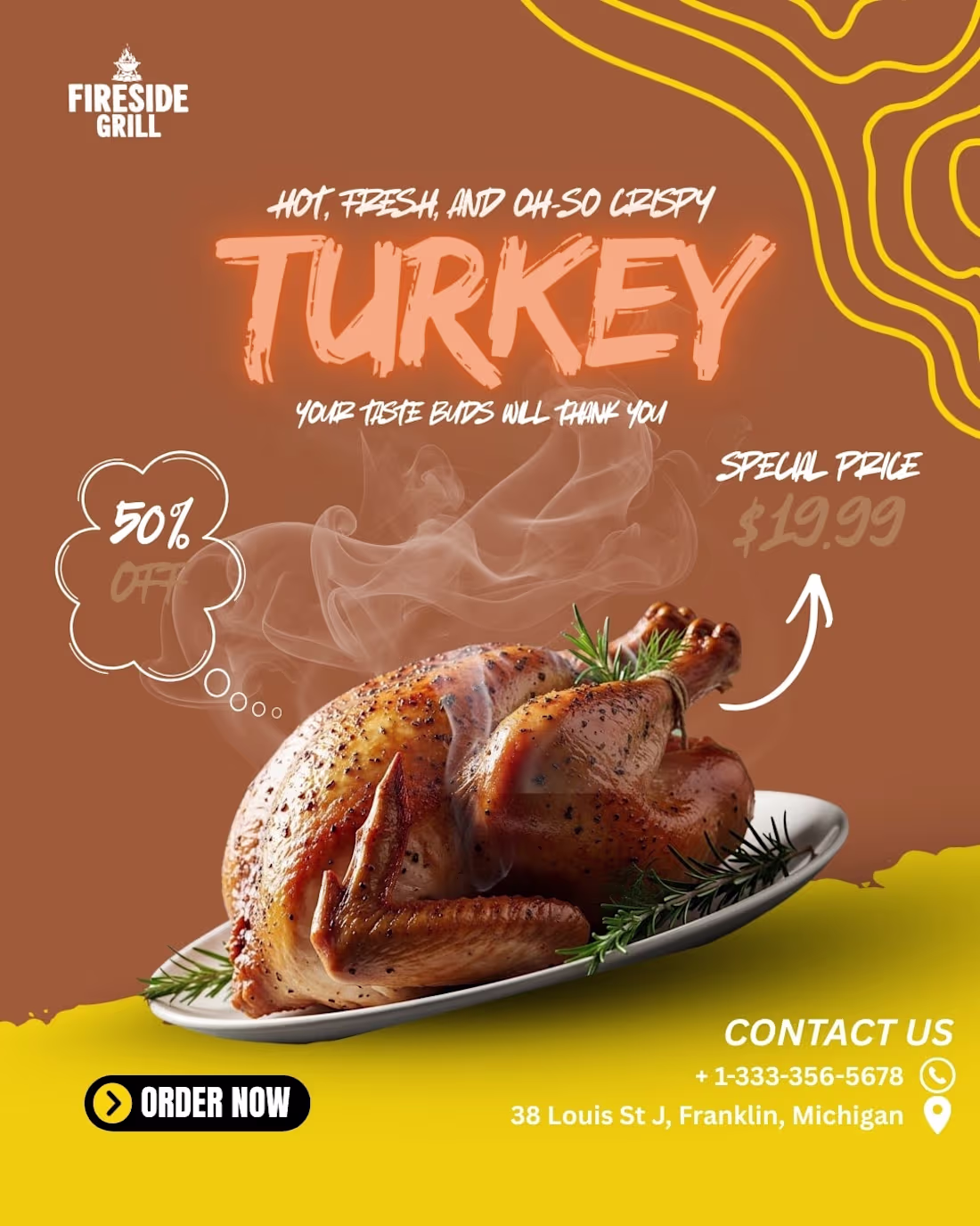 Cover image for Roasted turkey promo flyer that screams 'order now' crispy d...