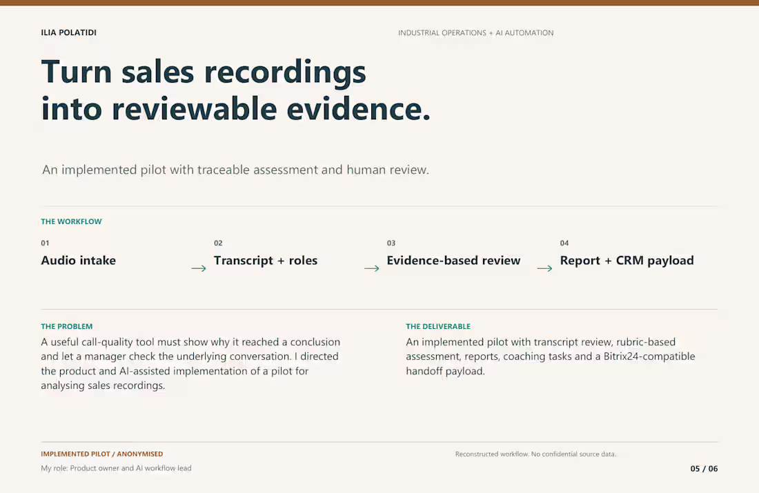 Cover image for Sales-call analysis: audio to evidence and CRM handoff