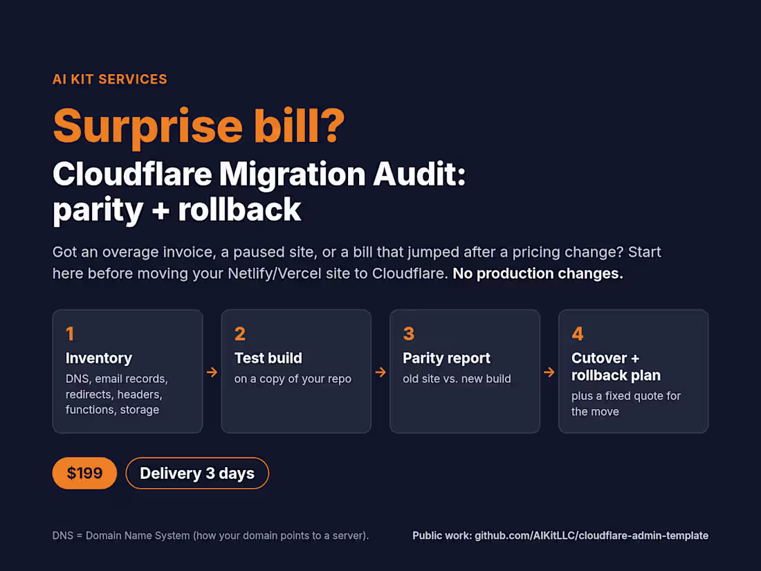 Cover image for Surprise bill? Cloudflare Migration Audit: parity + rollback