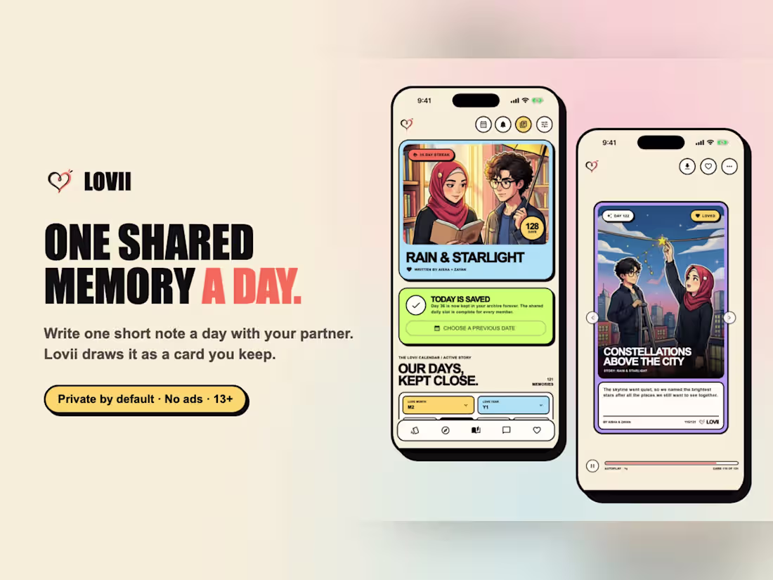 Cover image for Lovii – Daily Story App for Couples with AI-Drawn Cards