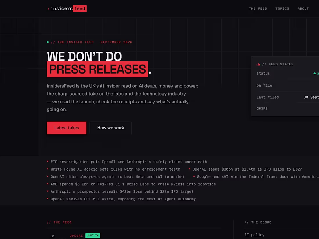 Cover image for InsidersFeed: AI industry news site.