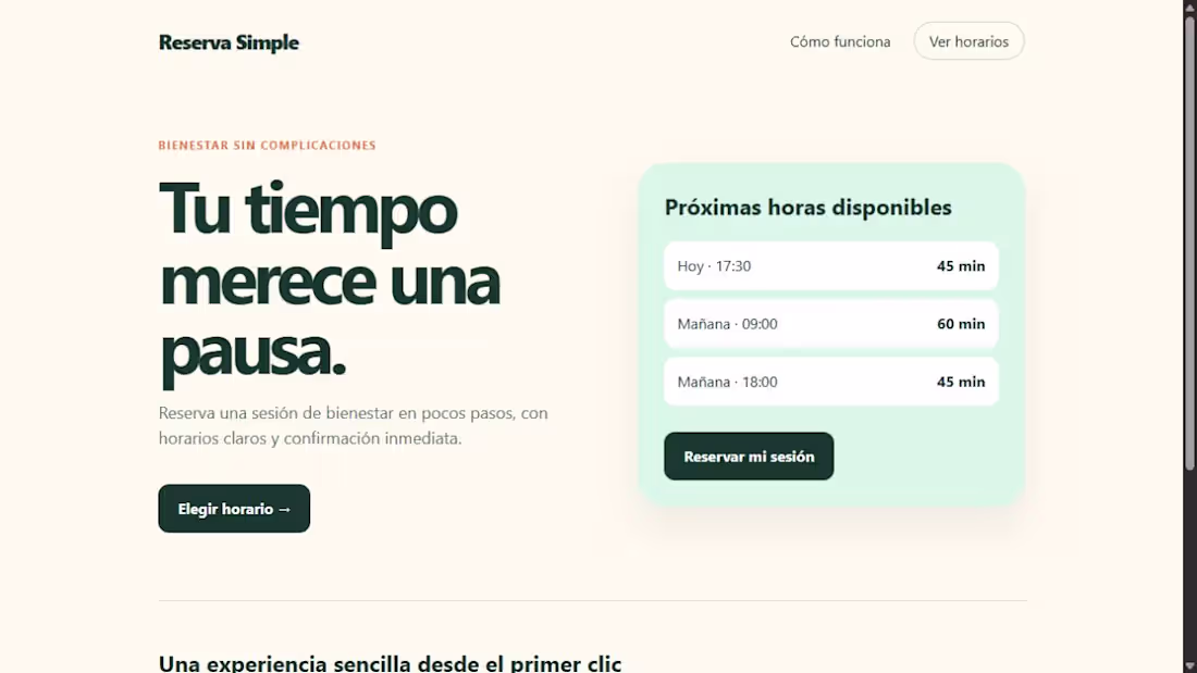 Cover image for Reserva Simple — landing de bienestar