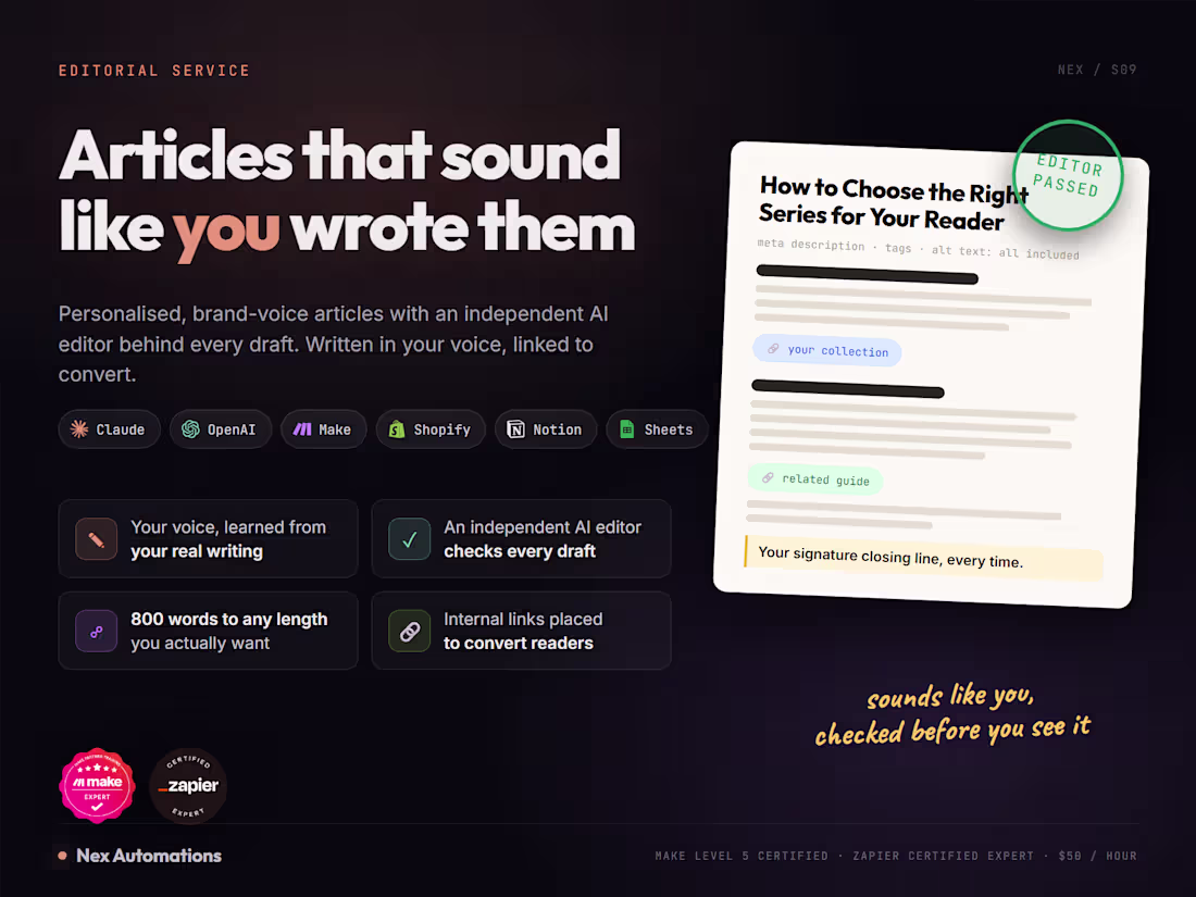 Cover image for Brand-Voice Articles: Personalised, Editor-Checked, Ready to Rank
