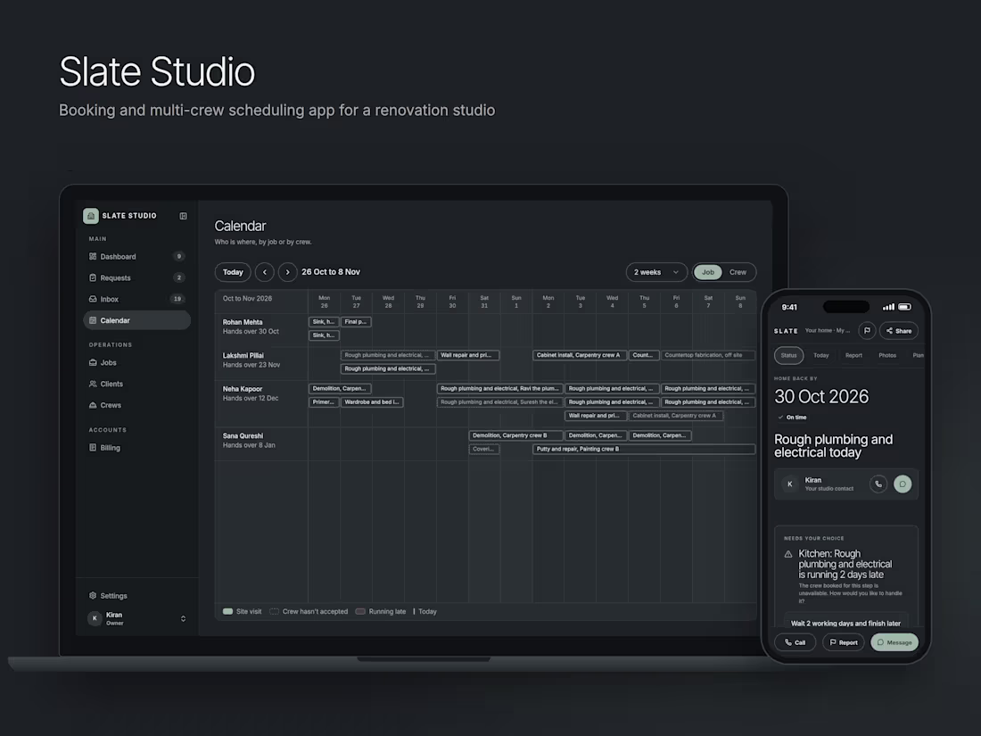 Cover image for Slate Studio: renovation booking and crew scheduling