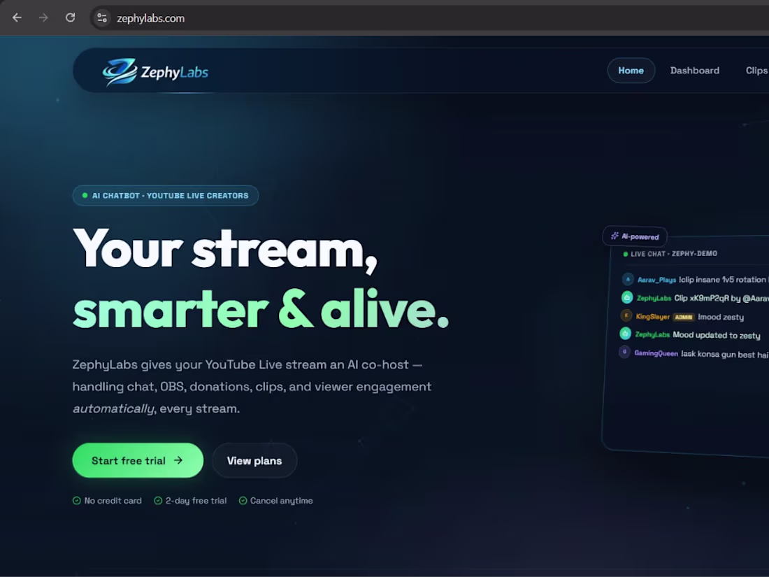 Cover image for ZephyLabs - The AI Co-Host for YouTube Live