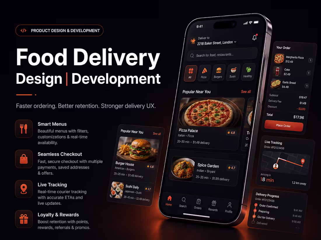 Cover image for FOOD DELIVERY APP DESIGN | DEVELOPMENT 