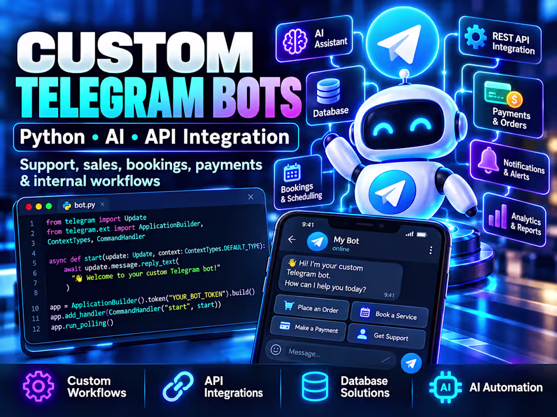 Cover image for Custom Telegram Bot Development with Python & AI