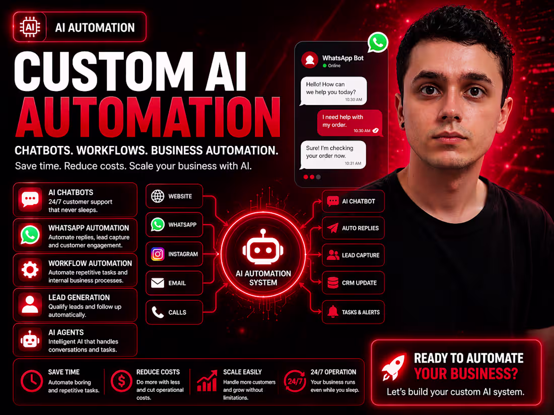 Cover image for Custom AI Automation for Business (Chatbots, Support, Workflows)