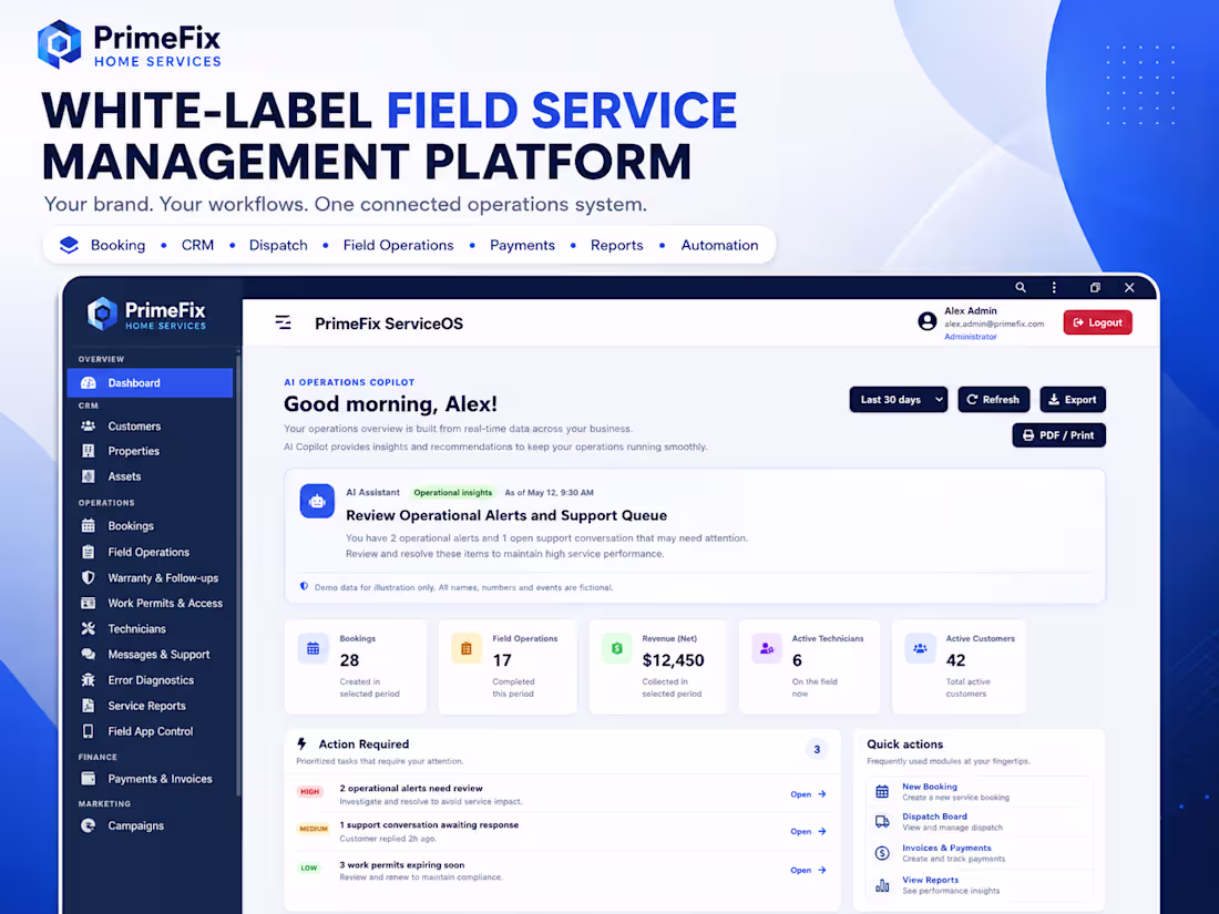 Cover image for PrimeFix ServiceOS — White-Label Field Service Platform Demo