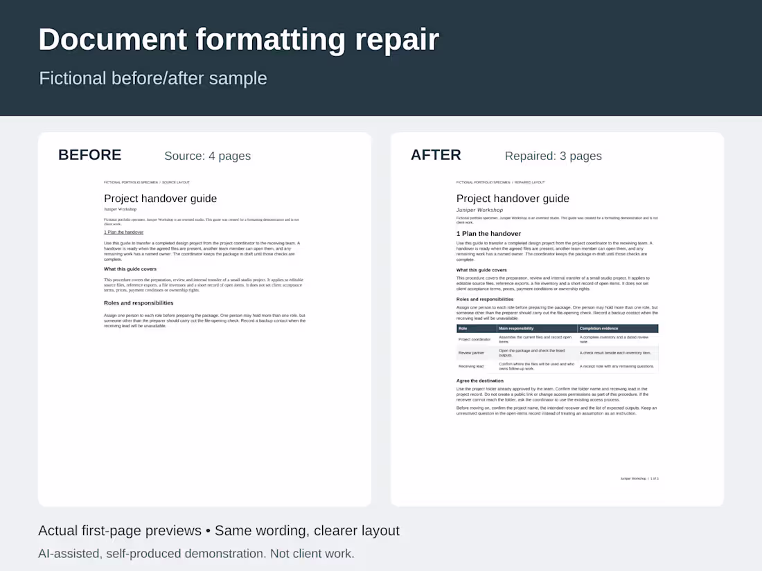 Cover image for Business document formatting repair: editable DOCX + checked PDF