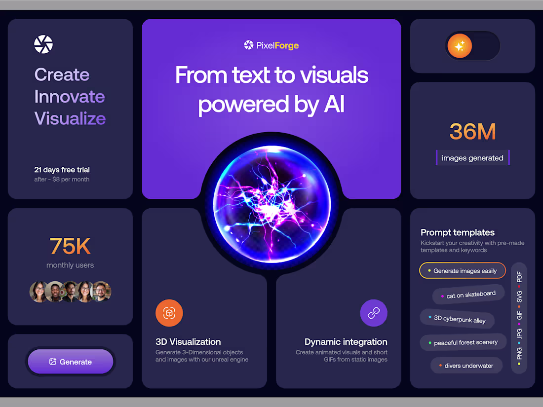 Cover image for Bento Grid for PixelForge (Text-to-image AI generator)