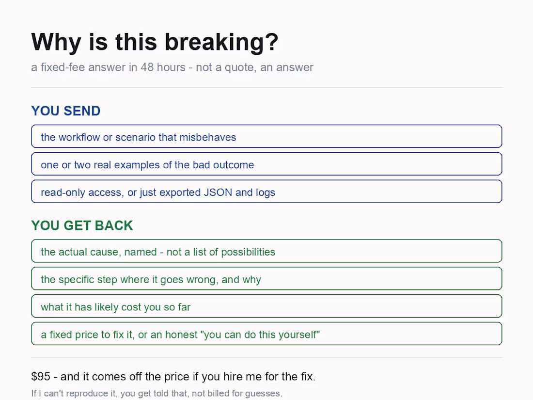 Cover image for Automation Diagnostic - why is this breaking? 48h, fixed fee